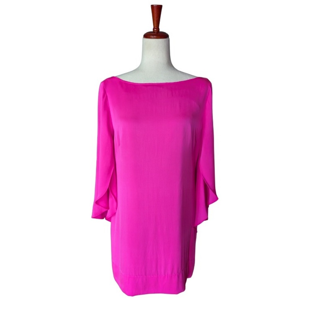 Milly Hot Pink Silk Split Bell Sleeve Shift Dress Size 8 Made in USA Scoop Back